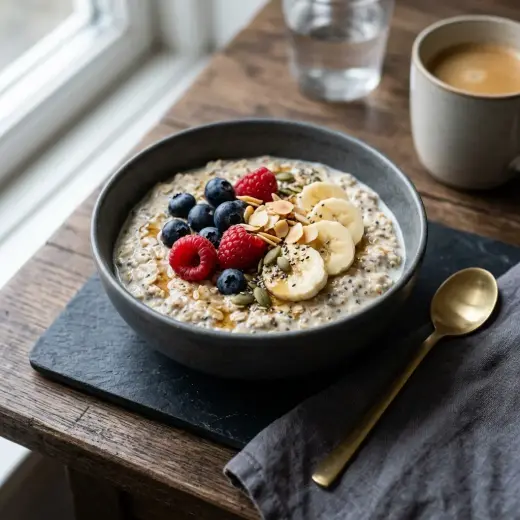 Valmis overnight oats tarjoiltuna herkullisesti kotikeittiön tapaan
