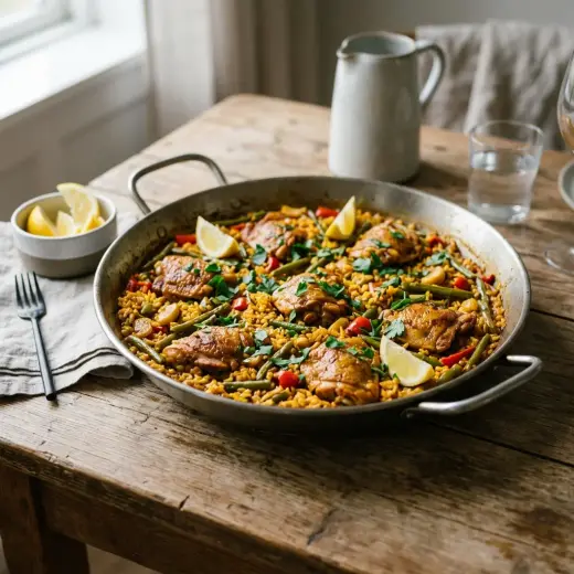 Paella kanalla, paprikalla ja herneillä leveässä pannussa sitruunalohkojen kanssa