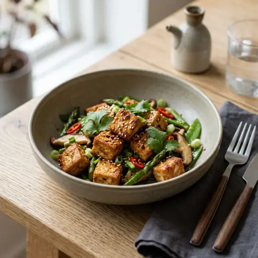 Valmis paistettu tofu tarjoiltuna herkullisesti kotikeittiön tapaan