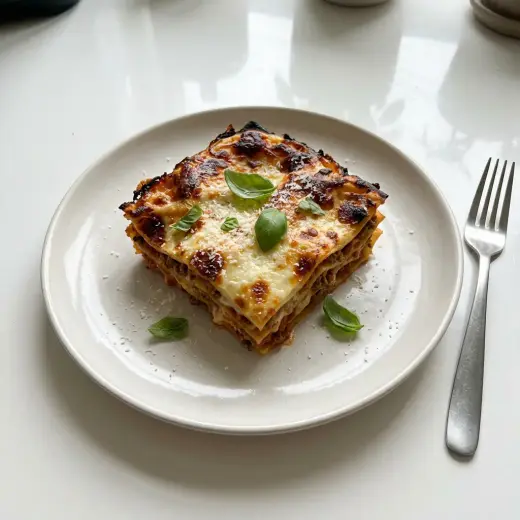 Airfryerissa lämmitetty lasagne, jonka pinnalla on sulanutta juustoa