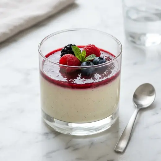 Panna cotta lasissa vadelmien kanssa