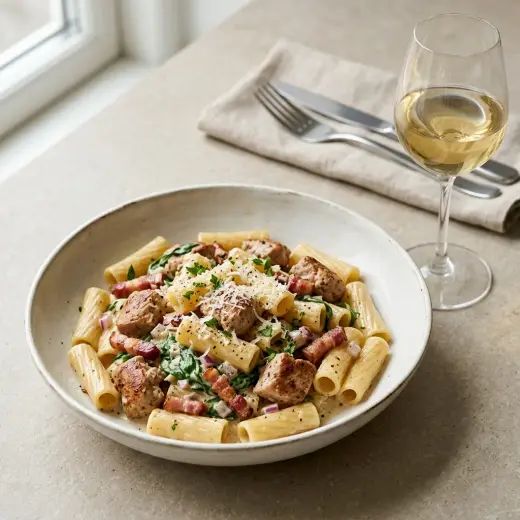 Valmis pasta kalkkunalla ja pekonilla tarjoiltuna herkullisesti kotikeittiön tapaan