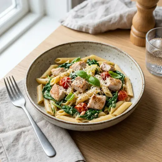 Valmis pasta kalkkunalla ja pinaatilla tarjoiltuna herkullisesti kotikeittiön tapaan