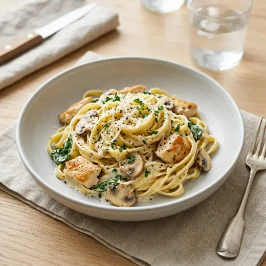 Lautasellinen pastaa, kanasuikaleita ja kermakastiketta, päällä raastettua parmesaania