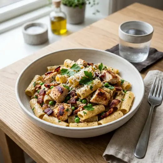 Valmis pasta kanalla ja pekonilla tarjoiltuna herkullisesti kotikeittiön tapaan