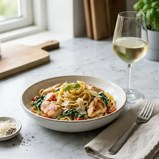 Valmis pasta kanalla ja pinaatilla tarjoiltuna herkullisesti kotikeittiön tapaan
