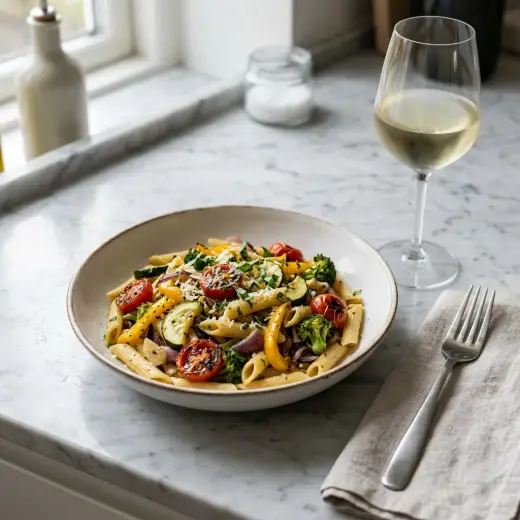 Valmis pasta kasviksilla tarjoiltuna herkullisesti kotikeittiön tapaan