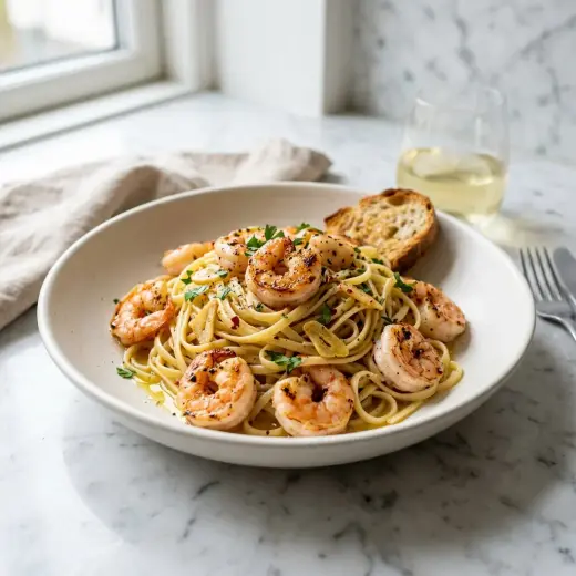 Valmis pasta katkaravuilla ja valkosipulilla tarjoiltuna herkullisesti kotikeittiön tapaan