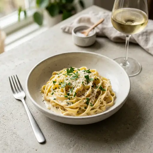 Pasta kermakastikkeessa lautasella