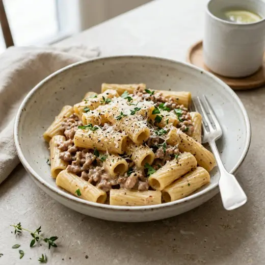 Pastaa, porsaan jauhelihaa ja kermakastiketta lautasella
