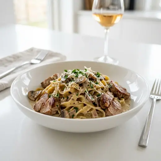Pasta ja porsaan sisäfileesuikaleita kermakastikkeessa