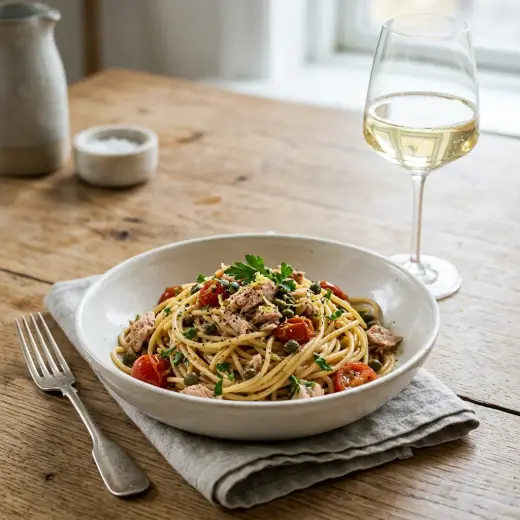 Valmis pasta tonnikalalla ja kapriksilla tarjoiltuna herkullisesti kotikeittiön tapaan