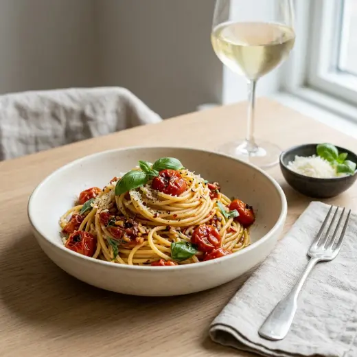 Uunivuoassa pastaa ja paahdettuja kirsikkatomaatteja, päällä basilikaa ja raastettua parmesaania