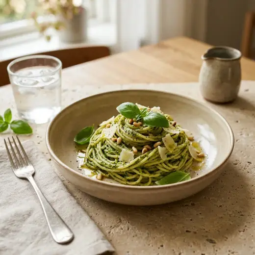 Kulhollinen pasta vihreällä pestolla valmiina tarjoiltavaksi maukkaana lisukkeena