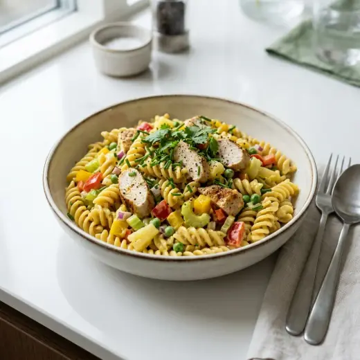 Currypastasalaatti kulhossa, jossa on pastaa, kanaa, paprikaa ja maissia