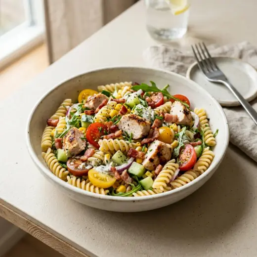 Pastasalaattia, jossa on kanaa, pekonia ja puolitettuja kirsikkatomaatteja kulhossa