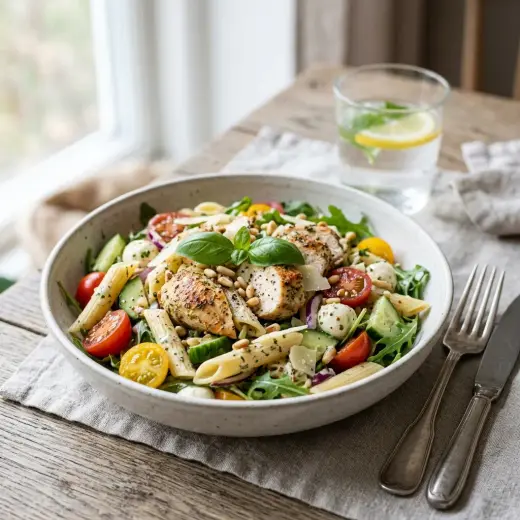 Pastasalaatti kanapaloilla, paprikalla, kurkulla ja maissilla kulhossa