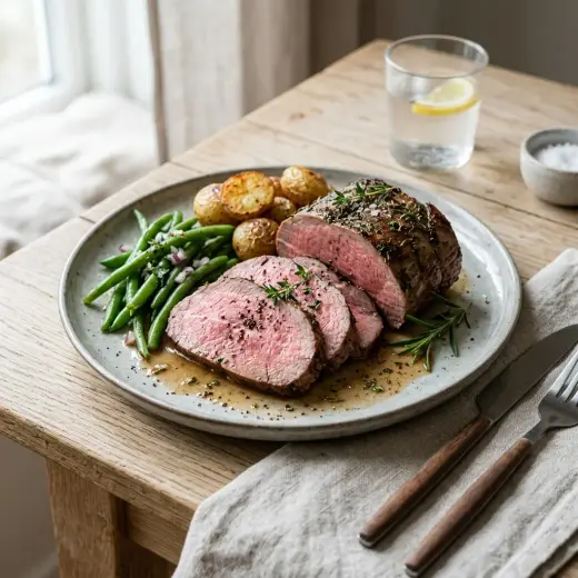 Ohuiksi viipaloitu ruusunpunainen roastbeef leikkuulaudalla