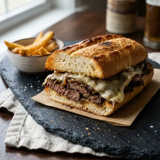 Philly cheesesteak -leipä, jossa on naudanlihaa, sipulia ja sulanutta juustoa