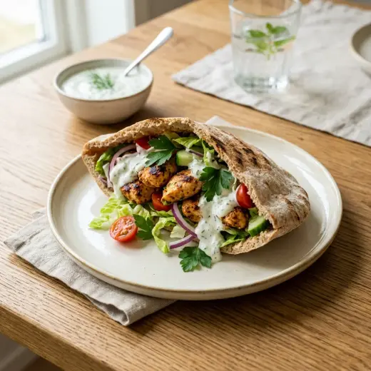 Pitaleipä, jonka sisällä on kanasuikaleita, kurkkua, tomaattia ja valkosipulijogurttia