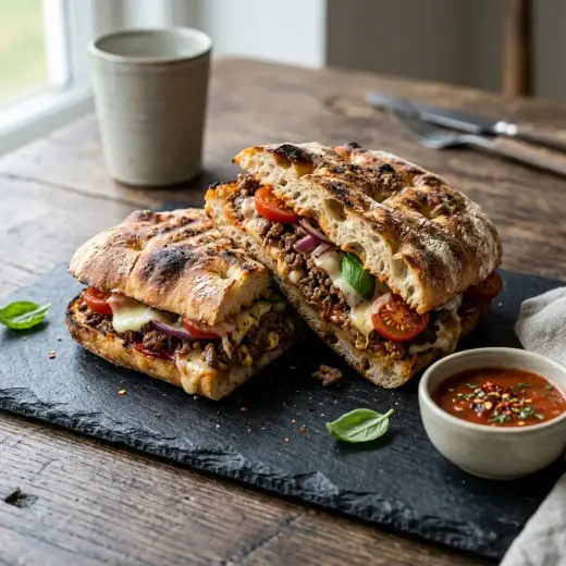 Valmis pizzasandwich naudanlihalla tarjoiltuna herkullisesti kotikeittiön tapaan