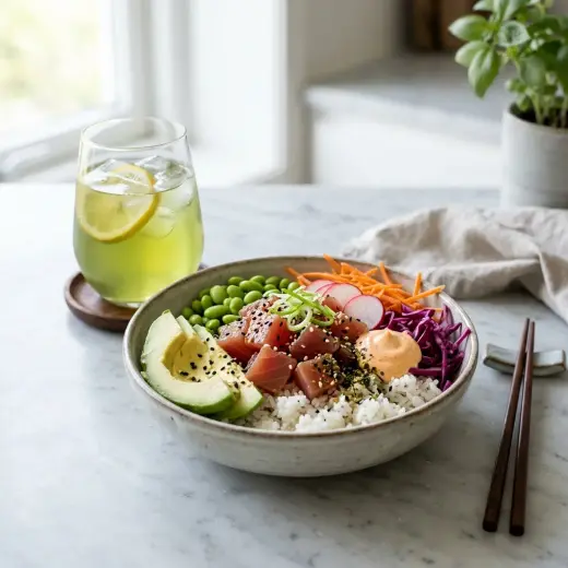 Poké bowl -kulho, jossa on sushiriisiä, tonnikalaa, avokadoa, kurkkua ja edamamepapuja