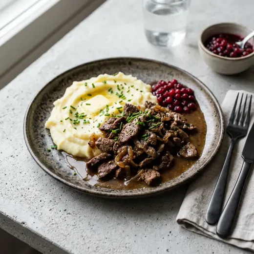 Pannulla haudutettua poronkäristystä ja ruskeaa lientä