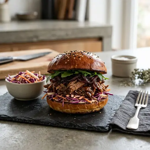 Valmis pulled duck -burgeri sämpylässä revityn ankan, punasipulin ja salaatin kanssa