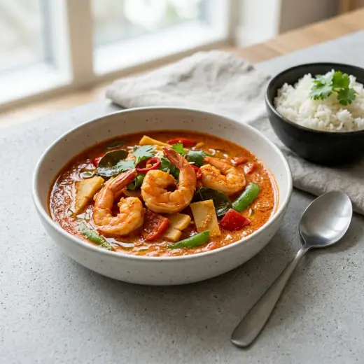 Punainen curry katkaravuilla, paprikalla ja sokeriherneillä pannussa