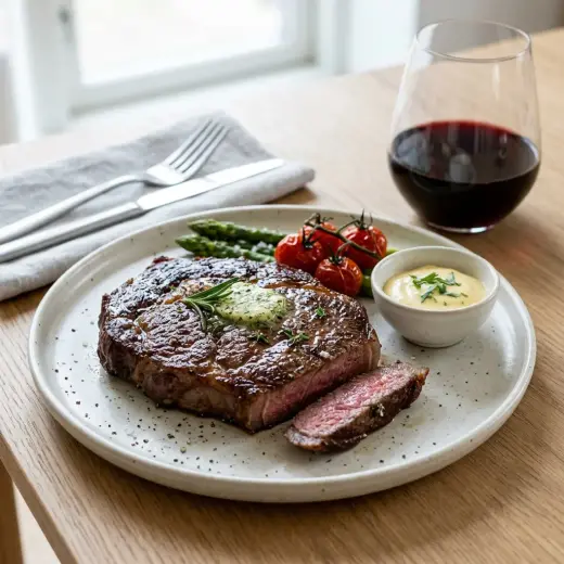 Pannulla paistettu ribeye-pihvi voin ja timjamin kanssa