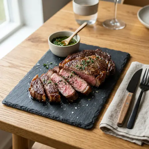 Viipaloitu ribeye-pihvi liuskekivialustalla yrttien ja yrttikastikkeen kanssa