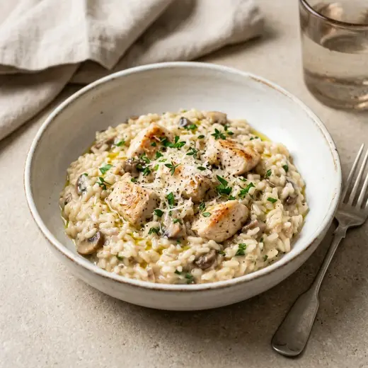 Kermainen risotto kanankuutioilla lautasella