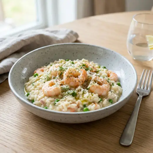 Valmis risotto katkaravuilla tarjoiltuna herkullisesti kotikeittiön tapaan