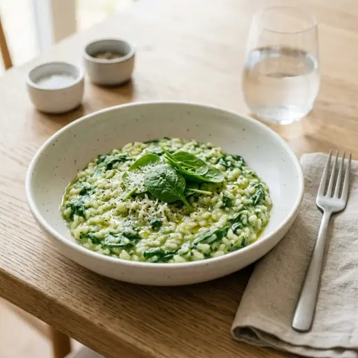 Valmis risotto pinaatilla tarjoiltuna herkullisesti kotikeittiön tapaan