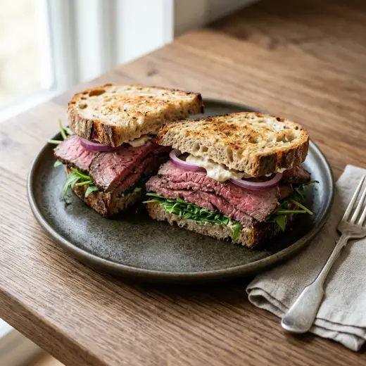 Roastbeef sandwich, jonka välissä on ohuita paahtopaistiviipaleita, rucolaa ja suolakurkkua