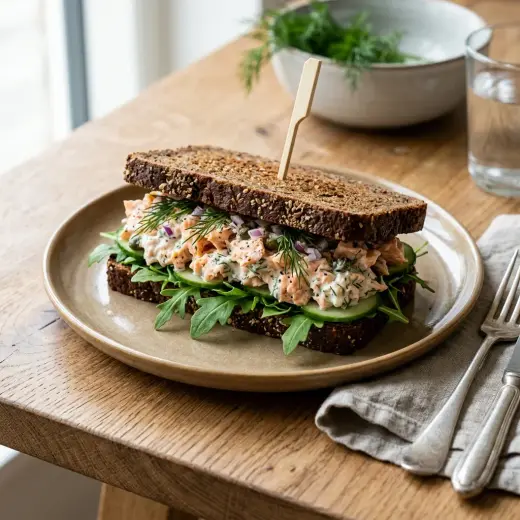 Ruisleipäsandwich lohisalaattitäytteellä, tillillä ja salaatinlehdillä lautasella