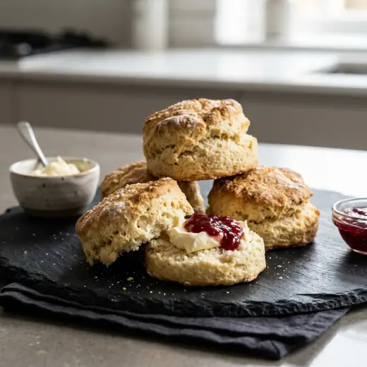 Kullanruskeita scones-leivonnaisia airfryerissa paistettuina