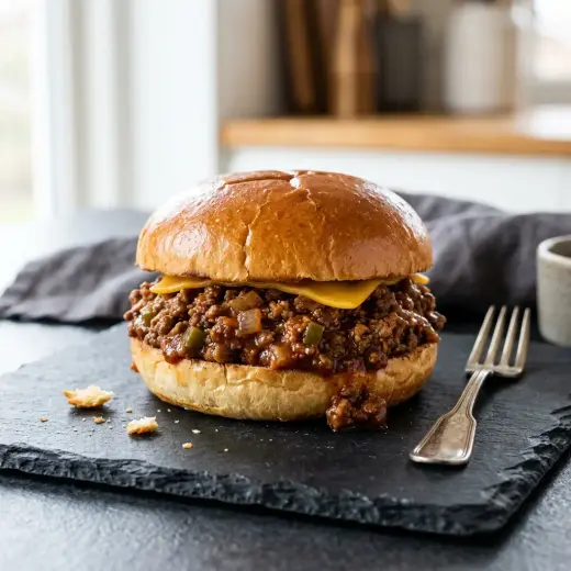 Valmis sloppy Joe -sandwich tarjoiltuna herkullisesti kotikeittiön tapaan