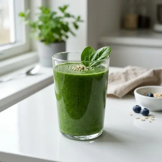 Lasillinen vihreää pinaattismoothieta, päällä pinaatinlehtiä ja siemeniä