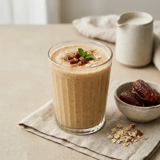 Lasillinen smoothie taateleilla tarjoiltuna raikkaana ja houkuttelevana