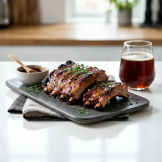 BBQ-kastikkeella kuorrutettuja kiiltäviä porsaan ribsejä
