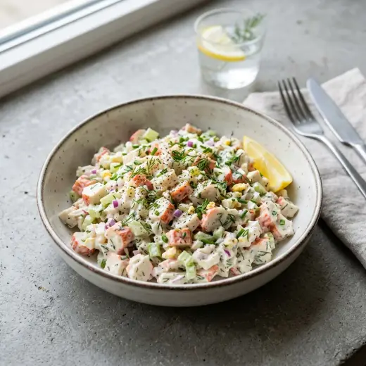 Surimisalaattia kulhossa, seassa surimipaloja, kananmunaa, herneitä ja tilliä