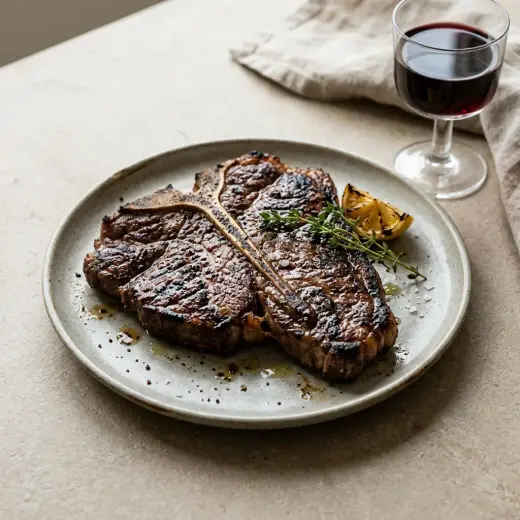 Valmis t-bone steak grillissä tarjoiltuna herkullisesti kotikeittiön tapaan