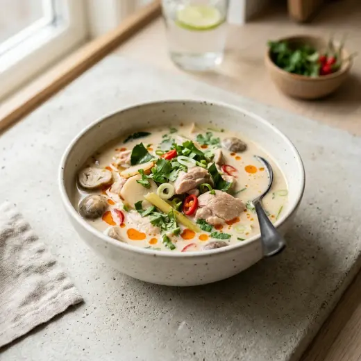 Kulhollinen tom kha gai -keittoa, jossa kananpaloja, sieniä ja tuoretta korianteria