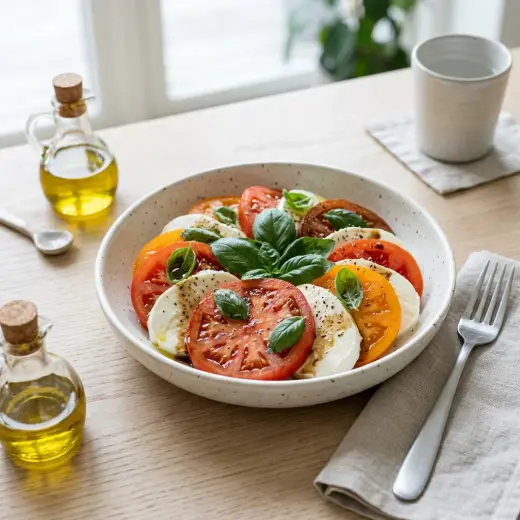 Raikas annos tomaattisalaatti mozzarellalla tuoreilla raaka-aineilla ja kauniilla tarjoilulla