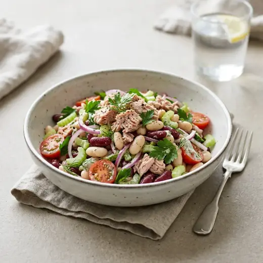Tonnikalasalaattia valkoisilla pavuilla, tomaatilla ja kurkulla kulhossa