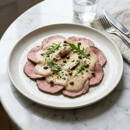 Valmis vitello tonnato tonnikalakastikkeella tarjoiltuna herkullisesti kotikeittiön tapaan