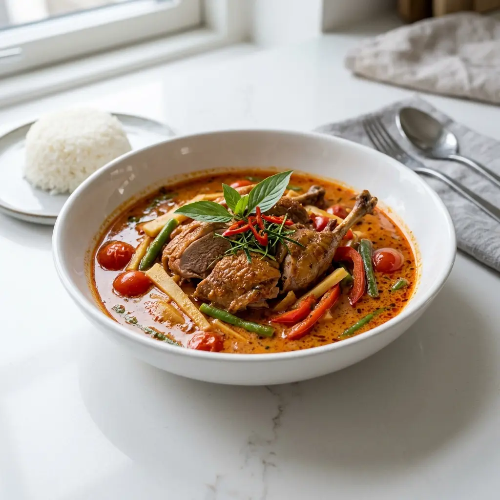 Valmis ankka punaisessa curryssa tarjoiltuna herkullisesti kotikeittiön tapaan