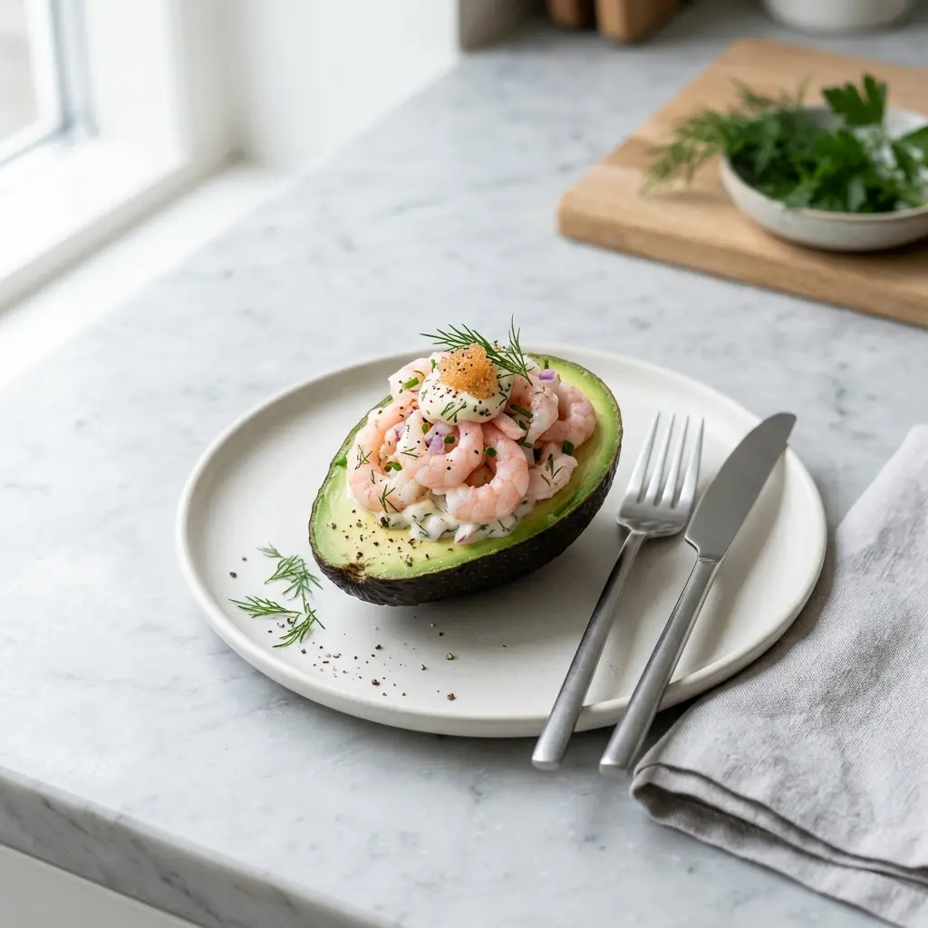 Valmis avokado katkaravuilla tarjoiltuna herkullisesti kotikeittiön tapaan