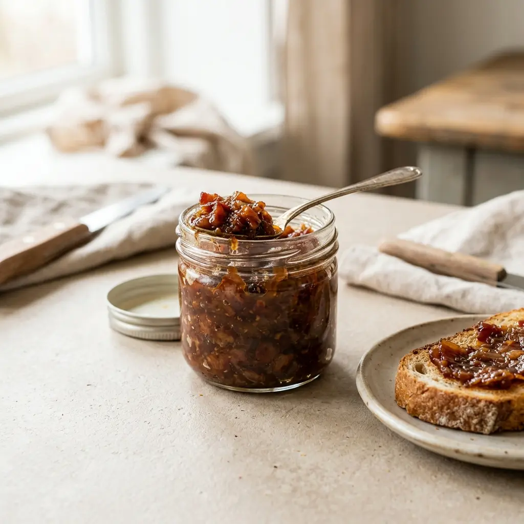 Valmis bacon jam tarjoiltuna herkullisesti kotikeittiön tapaan